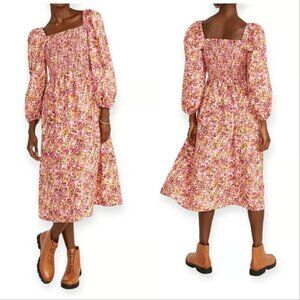 J Crew | Puff Sleeve Smocked Midi Dress in Faded Floral - XS